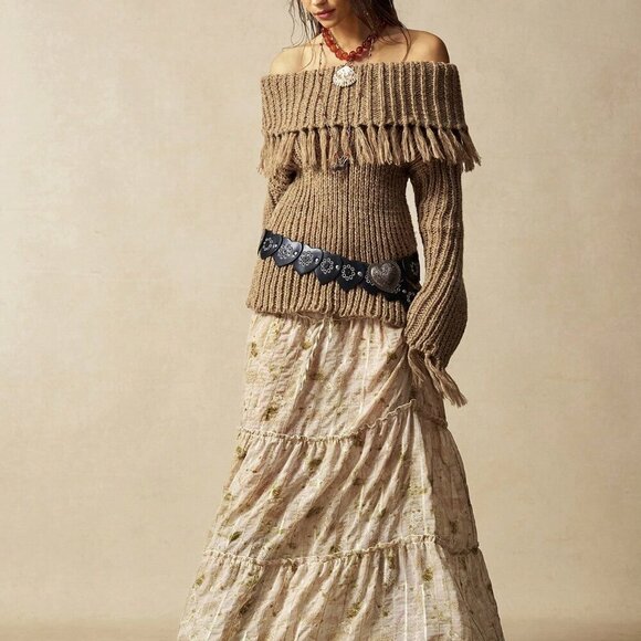 Sweaters - Khaki Casual Women's Off Shoulder Fringe Knit Sweater
